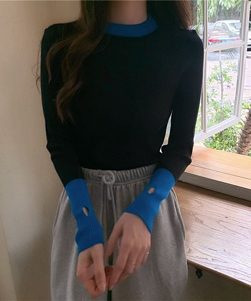 LYEON(リヨン)の「フィンガーホールバイアカラーニットプルオーバー(ニット/セーター・レディース・グレー/ブラック/モカ・FREE)」の14枚目の写真
