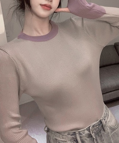 LYEON(リヨン)の「フィンガーホールバイアカラーニットプルオーバー(ニット/セーター・レディース・グレー/ブラック/モカ・FREE)」の12枚目の写真