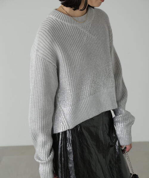 FREE'S MART（フリーズマート）の「◆箔プリント片畦編みニット（ニット/セーター・レディース・ホワイト/グレー・FREE）」の2枚目の写真