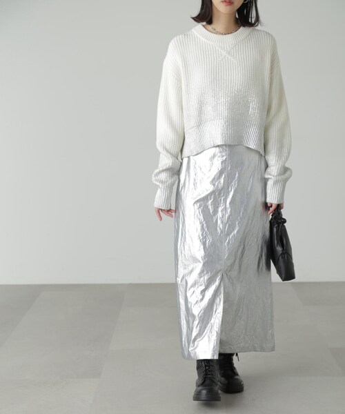 FREE'S MART（フリーズマート）の「◆箔プリント片畦編みニット（ニット/セーター・レディース・ホワイト/グレー・FREE）」の5枚目の写真