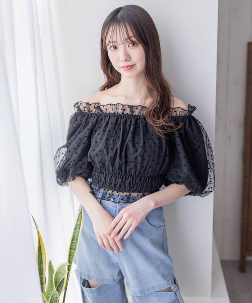 clear（クリア）の「ドットチュール2wayオフショルトップス[ウィッシュコア ガーリー]≪再入荷≫（シャツ/ブラウス・レディース・ブラック/オフホワイト・F）」の17枚目の写真