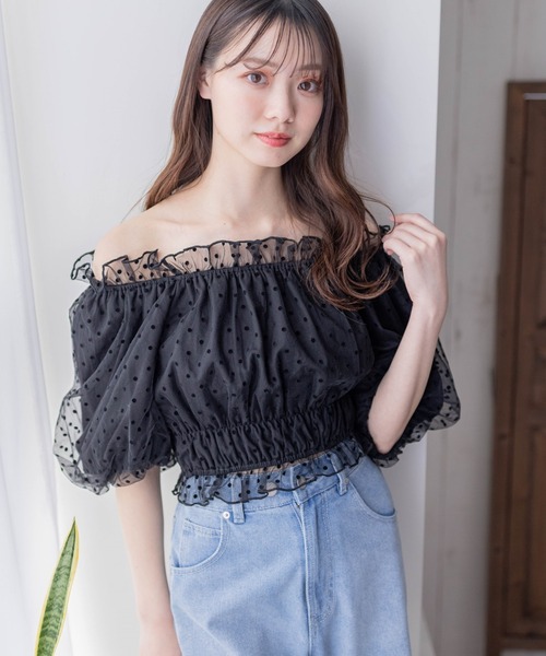 clear（クリア）の「ドットチュール2wayオフショルトップス[ウィッシュコア ガーリー]≪再入荷≫（シャツ/ブラウス・レディース・ブラック/オフホワイト・F）」の15枚目の写真