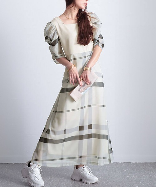 異素材シフォンパワショルチェック柄ドッキングワンピース（ワンピース）｜GOLDJAPAN（ゴールドジャパン） 5,891円