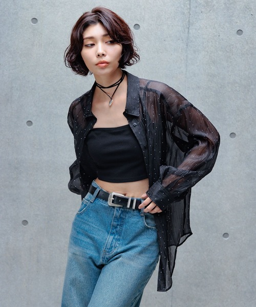 PAGEBOY(ページボーイ)の「ラインストーンシアーシャツ(シャツ/ブラウス・レディース・ブラック/オフホワイト/グレイッシュベージュ・FREE)」の12枚目の写真