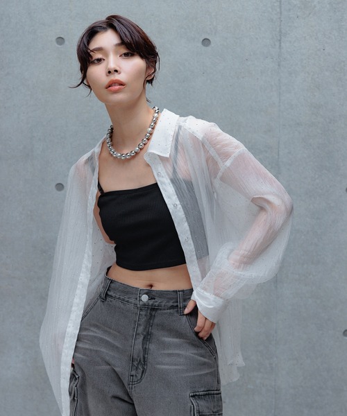 PAGEBOY(ページボーイ)の「ラインストーンシアーシャツ(シャツ/ブラウス・レディース・ブラック/オフホワイト/グレイッシュベージュ・FREE)」の8枚目の写真