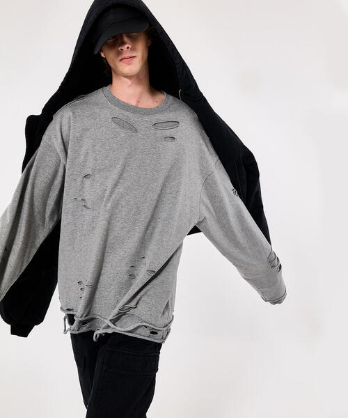 DANKE SCHON(ダンケシェーン)の「DankeSchon/ダンケシェーン/ダメージレイヤードトングスリーブトップス/ロンT(Tシャツ/カットソー・レディース・チャコールグレー/グレー・F)」の3枚目の写真