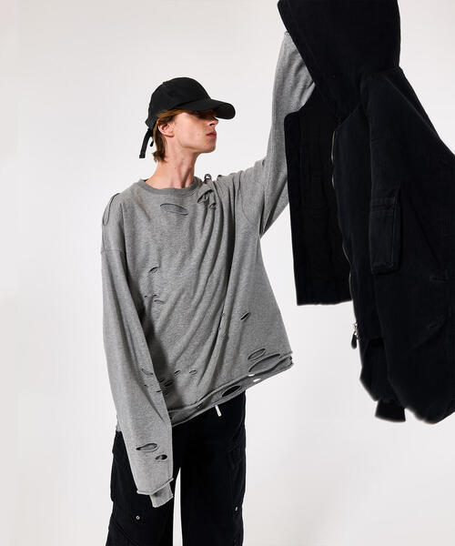 DANKE SCHON(ダンケシェーン)の「DankeSchon/ダンケシェーン/ダメージレイヤードトングスリーブトップス/ロンT(Tシャツ/カットソー・レディース・チャコールグレー/グレー・F)」の7枚目の写真