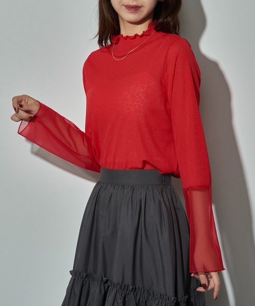 MAISON BREEZE reveur(メゾンブリーズレヴール)の「【MAISON BREEZE reveur】high neck sheer tops ハイネックシアートップス(Tシャツ/カットソー・レディース・グレイッシュベージュ/ブラック/ホワイト/レッド・FREE)」の4枚目の写真