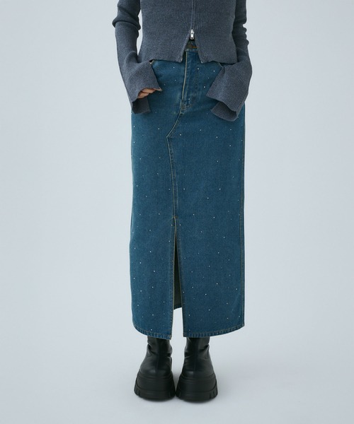 【セール】ラインストーンロングデニムスカート（デニムスカート）｜MIEL CRISHUNANT（ミエルクリシュナ）