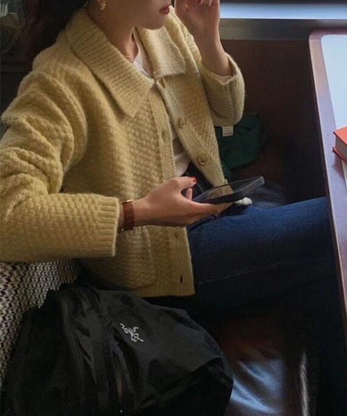 ポップコーン編み襟付きニットカーディガン（カーディガン/ボレロ  