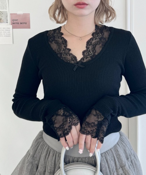 Loueme(ルエム)の「レーススリーブリブトップス(ニット/セーター・レディース・アイボリー/ブラック・FREE)」の1枚目の写真