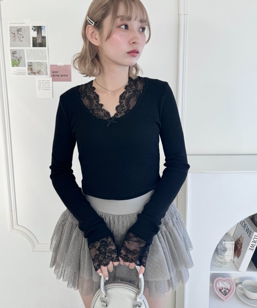 Loueme(ルエム)の「レーススリーブリブトップス(ニット/セーター・レディース・アイボリー/ブラック・FREE)」の9枚目の写真