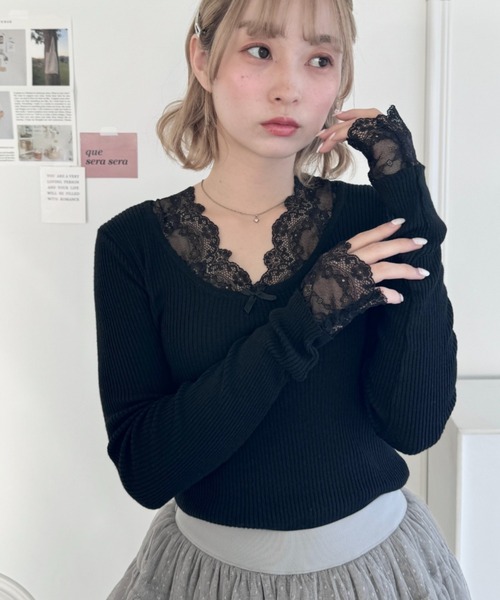 Loueme(ルエム)の「レーススリーブリブトップス(ニット/セーター・レディース・アイボリー/ブラック・FREE)」の8枚目の写真