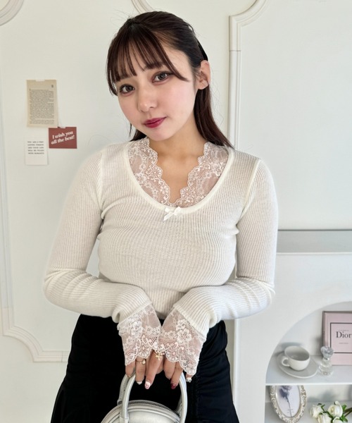 Loueme(ルエム)の「レーススリーブリブトップス(ニット/セーター・レディース・アイボリー/ブラック・FREE)」の4枚目の写真