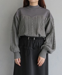 【&g'aime】ケーブル切替ボリューム袖ニットプルオーバー CABLE CONTRAST VOLUME SLEEVE KNIT PULLOVER