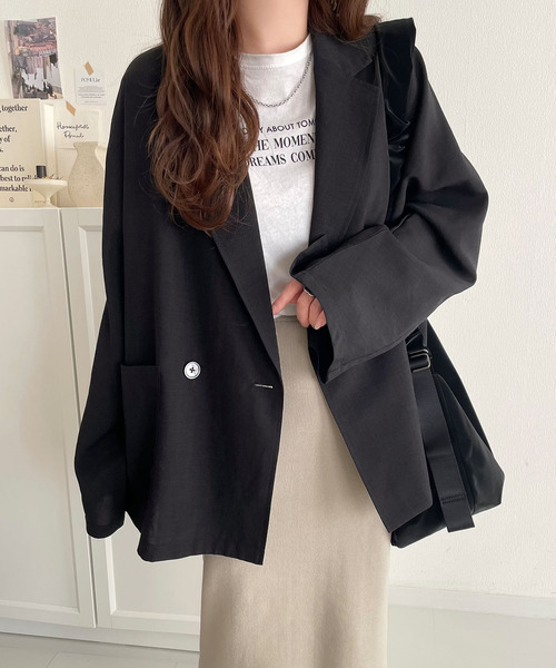 classicalelf（クラシカルエルフ）の「さらりと羽織る、大人の余裕。麻調シアー素材ドルマンスリーブオーバーサイズダブルテーラードジャケット（長袖）（テーラードジャケット・レディース・ベージュ/チャコール/ブラック・LARGE/MEDIUM/SMALL/X-LARGE）」の21枚目の写真