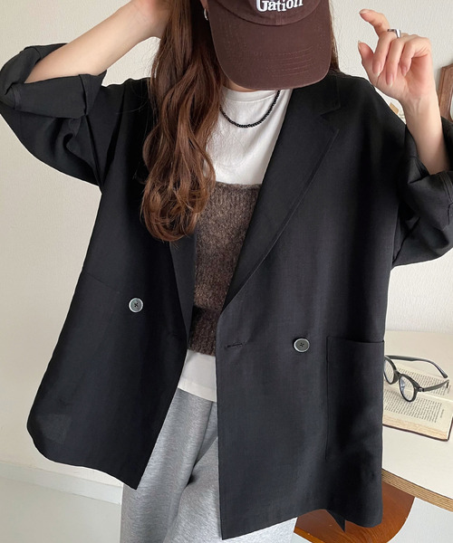 classicalelf（クラシカルエルフ）の「さらりと羽織る、大人の余裕。麻調シアー素材ドルマンスリーブオーバーサイズダブルテーラードジャケット（長袖）（テーラードジャケット・レディース・ベージュ/チャコール/ブラック・LARGE/MEDIUM/SMALL/X-LARGE）」の19枚目の写真