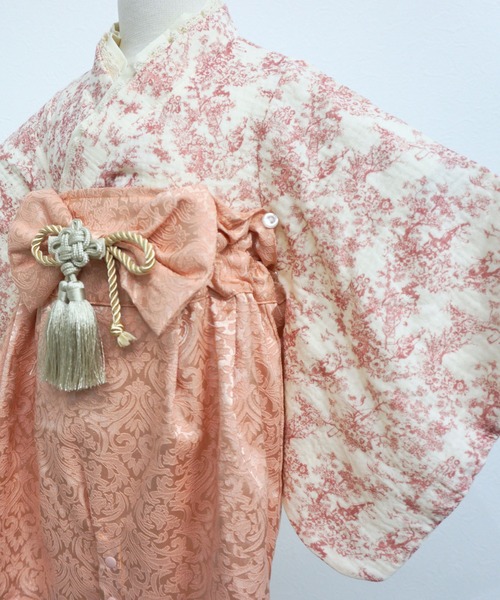 SweetMommy（スウィートマミー）の「3WAY ダブルガーゼ　2ピース袴ロンパース タッセルクリップ付き [ひな祭り] ［トワルドジュイ/ミモザ柄］ [誕生日 記念日 お食い初め お宮参り]（着物・キッズ・ピンク/ベージュ/ネイビー/ピンク系1・80/90/50-70）」の9枚目の写真