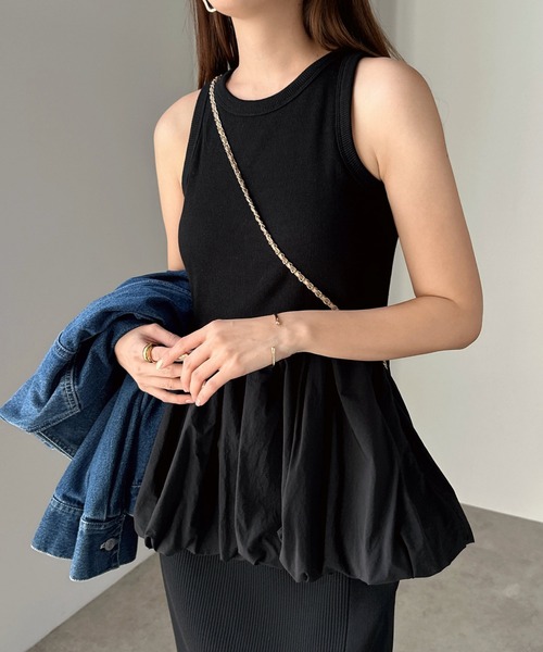 andme(アンドミー)の「テレコリブカップ付きペプラムバルーントップス(タンクトップ・レディース・キナリ/チャコールグレー/オフホワイト/ブラック・FREE)」の4枚目の写真