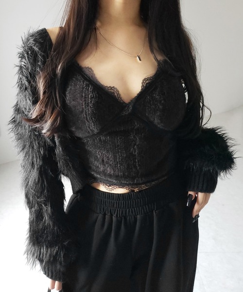 me+em select(ミームセレクト)の「【 カップ付き 】シャギーファーショートビスチェキャミソール / shaggy fur short bustier camisole(キャミソール・レディース・ブラック/アイボリー・FREE)」の19枚目の写真