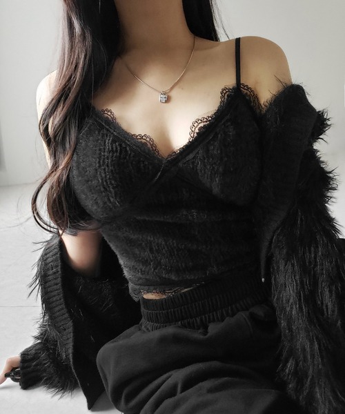 me+em select(ミームセレクト)の「【 カップ付き 】シャギーファーショートビスチェキャミソール / shaggy fur short bustier camisole(キャミソール・レディース・ブラック/アイボリー・FREE)」の3枚目の写真
