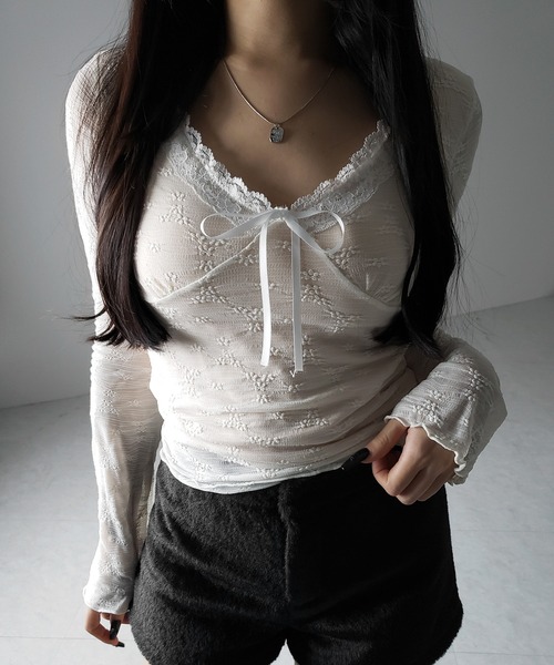 2color 】フロントリボンレイヤードレーストップス ／ front ribbon