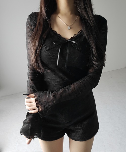 2color 】フロントリボンレイヤードレーストップス ／ front ribbon