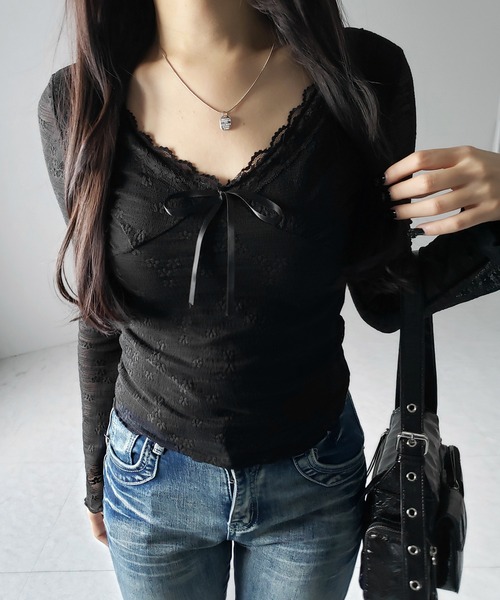 2color 】フロントリボンレイヤードレーストップス ／ front ribbon