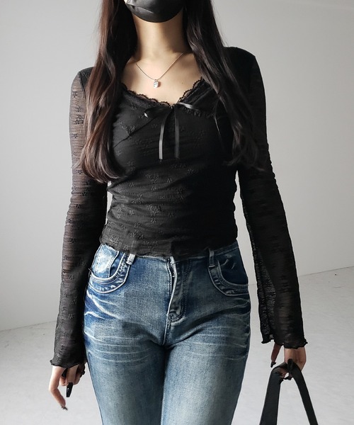 me+em select（ミームセレクト）の「【 ２color 】フロントリボンレイヤードレーストップス ／ front ribbon layered lace tops（Tシャツ/カットソー・レディース・アイボリー/ブラック・FREE）」の19枚目の写真