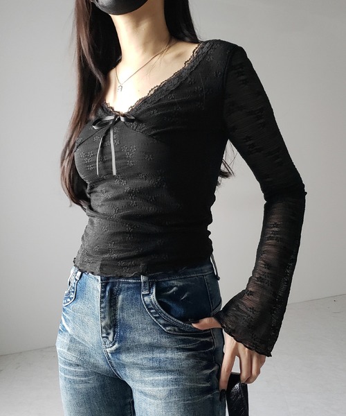 me+em select（ミームセレクト）の「【 ２color 】フロントリボンレイヤードレーストップス ／ front ribbon layered lace tops（Tシャツ/カットソー・レディース・アイボリー/ブラック・FREE）」の20枚目の写真