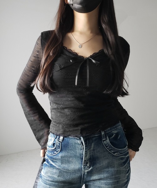 me+em select（ミームセレクト）の「【 ２color 】フロントリボンレイヤードレーストップス ／ front ribbon layered lace tops（Tシャツ/カットソー・レディース・アイボリー/ブラック・FREE）」の21枚目の写真