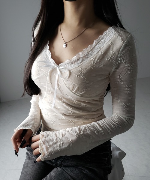 2color 】フロントリボンレイヤードレーストップス ／ front ribbon