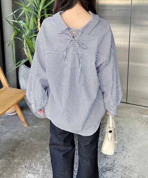 セール】バックレースアップストライプ裾タックシャツ（シャツ