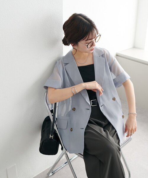 DISCOAT(ディスコート)の「【新色追加!/WEB限定】半袖シアーテーラードジャケット(テーラードジャケット・レディース・ブラック/ライトベージュ/グレイッシュベージュ・FREE)」の12枚目の写真