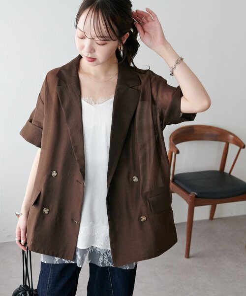 DISCOAT(ディスコート)の「【新色追加!/WEB限定】半袖シアーテーラードジャケット(テーラードジャケット・レディース・ブラック/ライトベージュ/グレイッシュベージュ・FREE)」の19枚目の写真