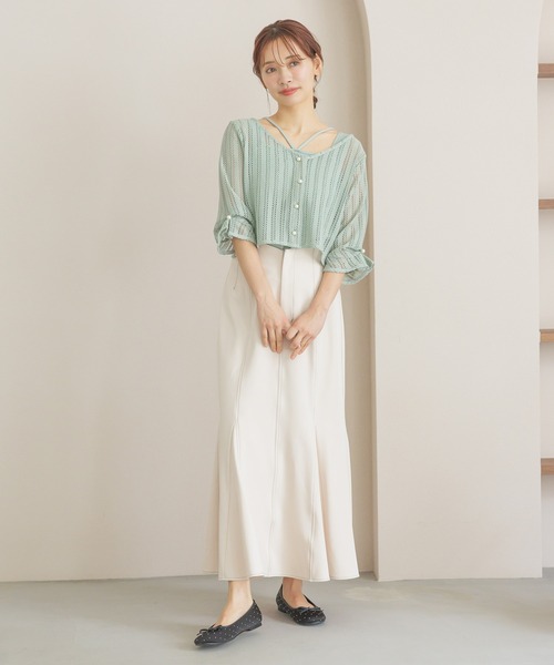 mysty woman(ミスティウーマン)の「ラッセルレースカーディガン×キャミツイン 320399(カーディガン/ボレロ・レディース・ブラック/オフホワイト/ライトグリーン/グレイッシュブルー・FREE)」の10枚目の写真