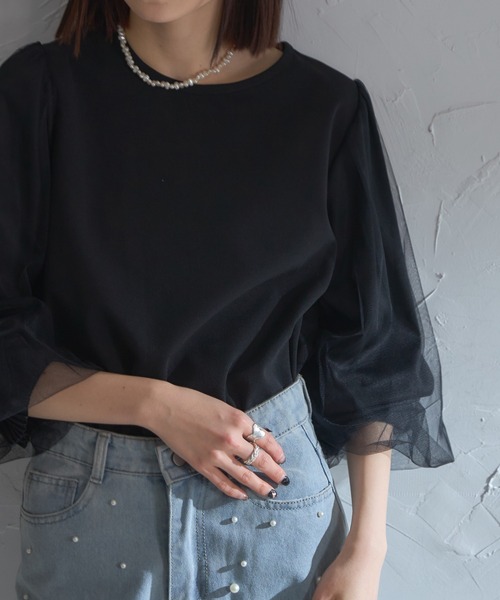 each（イーチ）の「袖口プリーツチュールスリーブとろみブラウス（シャツ/ブラウス・レディース・グレー/ブラック/ネイビー・FREE）」の21枚目の写真