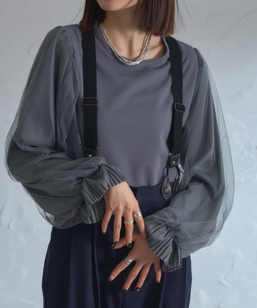 each（イーチ）の「袖口プリーツチュールスリーブとろみブラウス（シャツ/ブラウス・レディース・グレー/ブラック/ネイビー・FREE）」の5枚目の写真