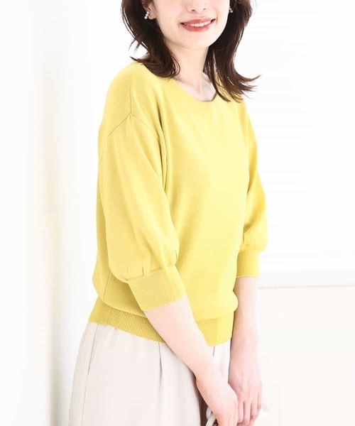 オフオン OFUON ボートネック五分袖ニット/接触冷感/洗える/WEB限定サイズあり （グレージュ） ボートネック五分袖ニット/接触冷感/洗える/WEB限定サイズあり
