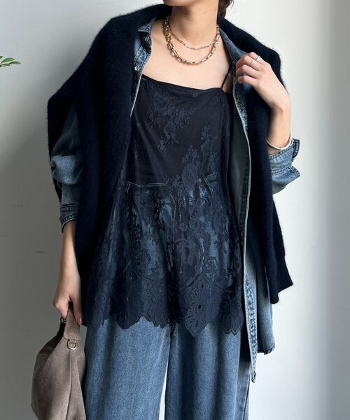 DouDou(ドゥドゥ)の「【新色追加】スカラレースキャミ(シャツ/ブラウス・レディース・ブラック/ホワイト/カーキ/ブラウン/ネイビー・FREE)」の5枚目の写真