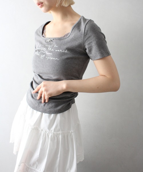 【日本製】ドットリボン半袖カットソー【アンプリ】 SPINNS tシャツ 肩リボン半袖カットソー/ドット/水玉柄