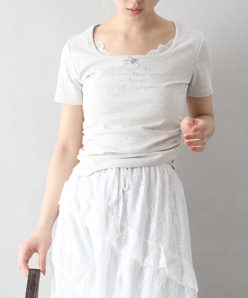 【日本製】ドットリボン半袖カットソー【アンプリ】 SpRay tシャツ ハクロゴプリントリボントップス レディース