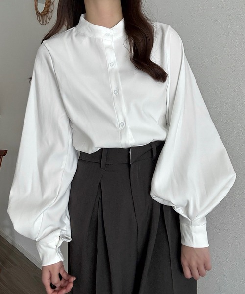 バンドカラーバルーンスリーブシンプルシャツ（シャツ/ブラウス