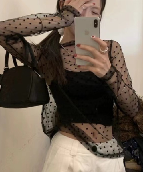 Vipoa(ヴィポア)の「Dot sheer long shirt(Tシャツ/カットソー・レディース・ブラック/ホワイト・FREE)」の12枚目の写真