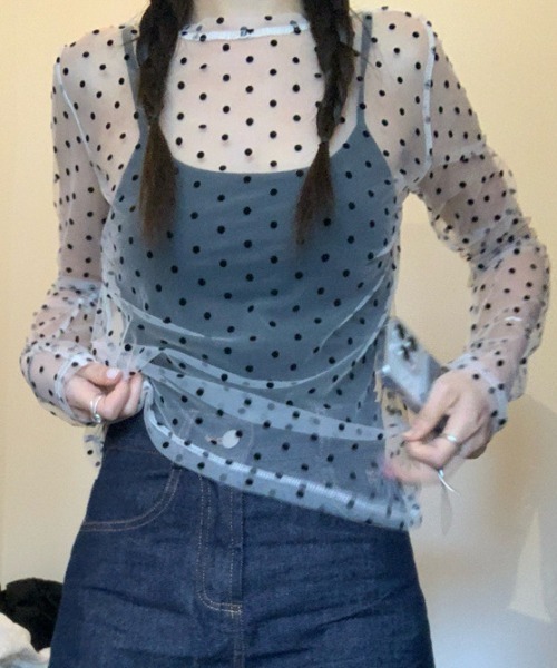 Vipoa(ヴィポア)の「Dot sheer long shirt(Tシャツ/カットソー・レディース・ブラック/ホワイト・FREE)」の4枚目の写真