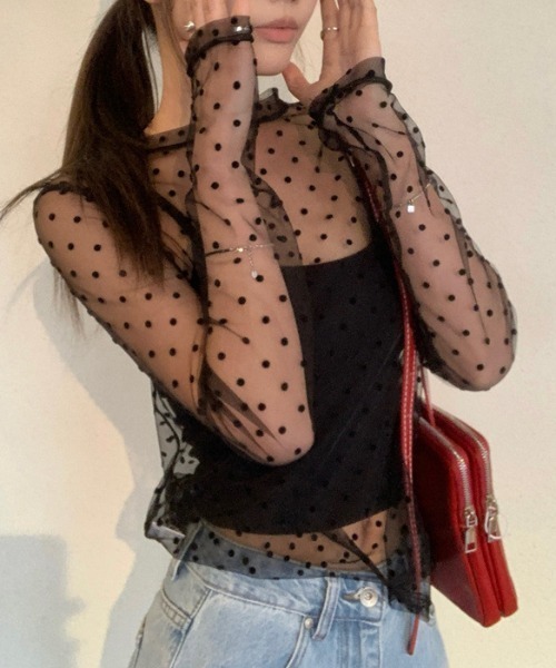 Vipoa(ヴィポア)の「Dot sheer long shirt(Tシャツ/カットソー・レディース・ブラック/ホワイト・FREE)」の9枚目の写真