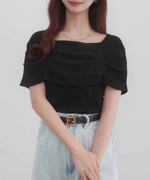 CENEA(セネア)の「オフショル風スクエアネックドレープリブカットソー(Tシャツ/カットソー・レディース・ブラック/クリーム/チャコール/ホワイト・SMALL/MEDIUM/LARGE/X-LARGE)」の1枚目の写真