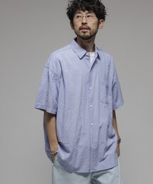 HINSON/ヒンソン レギュラーカラー ショートスリーブストライプシャツ/シワ加工/リラックスフィット