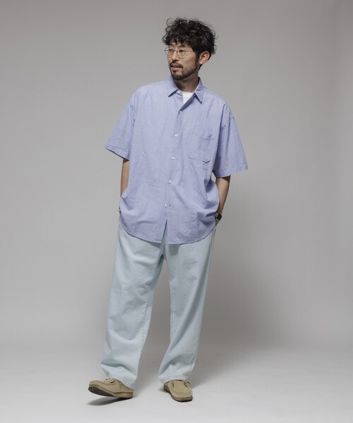 HINSON(ヒンソン)の「HINSON/ヒンソン レギュラーカラー ショートスリーブストライプシャツ/シワ加工/リラックスフィット(シャツ/ブラウス・メンズ・オフホワイト/サックスブルー/グレー・MEDIUM/LARGE)」の19枚目の写真