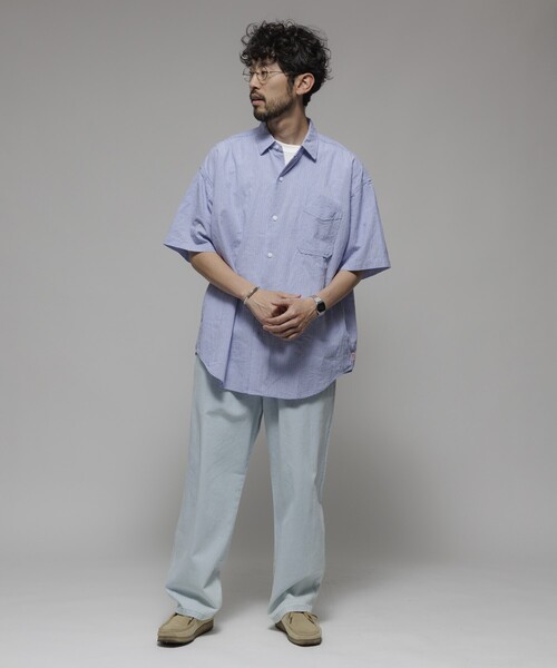 HINSON(ヒンソン)の「HINSON/ヒンソン レギュラーカラー ショートスリーブストライプシャツ/シワ加工/リラックスフィット(シャツ/ブラウス・メンズ・オフホワイト/サックスブルー/グレー・MEDIUM/LARGE)」の21枚目の写真